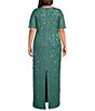 Color:Green Slate - Image 2 - Plus Size 3D Floral Beaded Mesh Round Neck Short Sleeve Gown