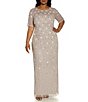Color:Marble - Image 1 - Plus Size 3D Floral Beaded Mesh Round Neck Short Sleeve Gown