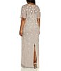 Color:Marble - Image 2 - Plus Size 3D Floral Beaded Mesh Round Neck Short Sleeve Gown