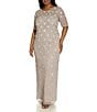 Color:Marble - Image 3 - Plus Size 3D Floral Beaded Mesh Round Neck Short Sleeve Gown