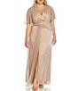 Color:Rose Gold - Image 3 - Plus Size Floral Metallic Mesh V-Neck Short Flutter Sleeve Wrap A-Line Gown
