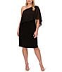 Color:Black - Image 1 - Plus Size One Shoulder Stretch Jersey Chiffon Overlay Sheath Dresss