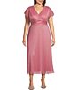 Color:Faded Rose - Image 1 - Plus Size Short Flutter Sleeve V-Neck Crinkle Metallic Mesh Midi Dress