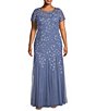 Color:French Blue - Image 1 - Plus Size Short Sleeve Illusion Crew Neck Godet Skirt Beaded Mesh Gown