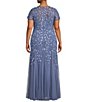 Color:French Blue - Image 2 - Plus Size Short Sleeve Illusion Crew Neck Godet Skirt Beaded Mesh Gown