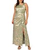 Color:Sage/Gold - Image 1 - Plus Size Sleeveless Asymmetrical Neck Foil Leaf Gown
