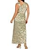 Color:Sage/Gold - Image 2 - Plus Size Sleeveless Asymmetrical Neck Foil Leaf Gown