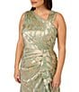 Color:Sage/Gold - Image 3 - Plus Size Sleeveless Asymmetrical Neck Foil Leaf Gown