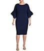 Color:Navy Satin - Image 1 - Plus Size Stretch Crepe 3/4 Bell Sleeve Sheath Dress