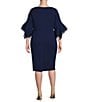 Color:Navy Satin - Image 2 - Plus Size Stretch Crepe 3/4 Bell Sleeve Sheath Dress