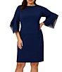 Color:Navy Satin - Image 6 - Plus Size Stretch Crepe 3/4 Bell Sleeve Sheath Dress