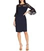 Color:Midnight - Image 3 - Sequin Lace 3/4 Bell Sleeve Round Illusion Neck Jersey Side Draped Sheath Dress