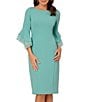 Color:Green - Image 1 - Stretch Crepe 3/4 Bell Sleeve Boat Neck Sheath Dress