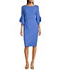 Color:Cool Water - Image 1 - Stretch Crepe 3/4 Bell Sleeve Boat Neck Sheath Dress