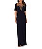 Color:Midnight - Image 1 - Stretch Crepe Beaded Illusion Crew Neck Short Sleeve Sheath Gown