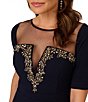 Color:Midnight - Image 3 - Stretch Crepe Beaded Illusion Crew Neck Short Sleeve Sheath Gown