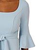 Color:Blue Mist - Image 4 - Stretch Square Neck 3/4 Bell Sleeve Tie Front Dress