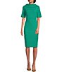 Color:Botanic Green - Image 1 - V-Back Foldover Collar Short Sleeve Sheath Dress