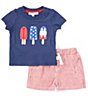 Color:Navy - Image 1 - Baby Boys 3-24 Months Round Neck Short Sleeve USA Popsicle T-Shirt & Shorts Set