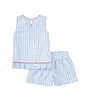 Color:Blue - Image 2 - Little Girls 2T-6X Sleeveless Gingham Ruffle Hem Top & Matching Shorts 2-Piece Set
