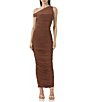 Color:Dark Clay - Image 1 - Biona Asymmetrical Ruched One Shoulder Sleeveless Midi Dress