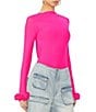 Color:Glow Pink - Image 1 - Lavi Mesh Crew Neck Long Sleeve Rosette Cuff Top