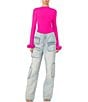 Color:Glow Pink - Image 3 - Lavi Mesh Crew Neck Long Sleeve Rosette Cuff Top