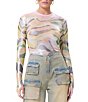 Color:Soft Linear Abstract - Image 1 - Printed Foil Mesh Kaylee Crewneck Long Sleeve Top