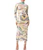 Color:Soft Linear Abstract - Image 1 - Shailene Printed Foil Mesh Turtleneck Long Sleeve Midi Dress