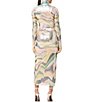 Color:Soft Linear Abstract - Image 2 - Shailene Printed Foil Mesh Turtleneck Long Sleeve Midi Dress