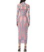 Color:Sculpted Cable - Image 2 - Shailene Printed Mesh Turtleneck Long Sleeve Midi Dress