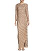 Color:Rose Gold - Image 1 - Beaded Boat Neck Long Sleeve Front Slit Gown