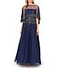 Color:Navy - Image 1 - Beaded Strapless Ball Gown with Removeable Beaded Cape