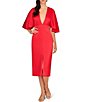 Color:Chateau Red - Image 1 - Crepe Back Satin V-Neck Short Flutter Sleeve Front Slit Midi Dress