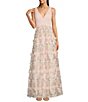 Color:Pink Multi - Image 1 - Floral Embroidered Mesh V-Neck Sleeveless A-Line Maxi Dress