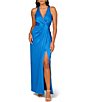 Color:Blue Horizon - Image 1 - Satin V Neckline Sleeveless Draped Gown