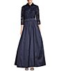 Color:Twilight - Image 1 - Sequin Collar Neckline 3/4 Sleeve Belted Ball Gown