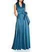 Color:Dark Teal - Image 1 - Stand Collar V-Neck Sleeveless Tie Waist Mikado Ball Gown