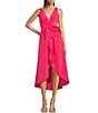 Color:Petunia - Image 1 - Taffeta V-Neck Sleeveless Rosette Front Ruffle High-Low A-Line Midi Dress
