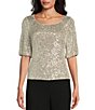 Color:Ivory/Silver - Image 1 - Elbow Sleeve Scoop Neck Sequin Blouse