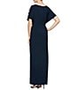 Color:Navy - Image 2 - Surplice V-Neck Embellished Cut Out Short Sleeve Knot Waist Thigh High Slit Stretch Matte Jersey Gown