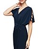 Color:Navy - Image 3 - Surplice V-Neck Embellished Cut Out Short Sleeve Knot Waist Thigh High Slit Stretch Matte Jersey Gown