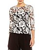 Color:Black/White - Image 1 - Illusion Crew Neck 3/4 Sleeve Embroidered Floral Lace Top