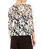 Color:Black/White - Image 2 - Illusion Crew Neck 3/4 Sleeve Embroidered Floral Lace Top