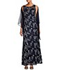 Color:Navy/Silver - Image 1 - Embroidered Stretch Tulle Sleeveless Scoop Neck Gown and Shawl
