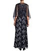 Color:Navy/Silver - Image 2 - Embroidered Stretch Tulle Sleeveless Scoop Neck Gown and Shawl
