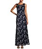 Color:Navy/Silver - Image 3 - Embroidered Stretch Tulle Sleeveless Scoop Neck Gown and Shawl