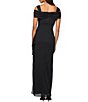 Color:Black - Image 2 - Exposed Shoulder Draped Neck Cap Sleeve Ruched Waterfall Hem Mesh Gown