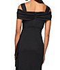 Color:Black - Image 4 - Exposed Shoulder Draped Neck Cap Sleeve Ruched Waterfall Hem Mesh Gown