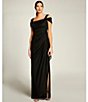 Color:Black - Image 6 - Exposed Shoulder Draped Neck Cap Sleeve Ruched Waterfall Hem Mesh Gown